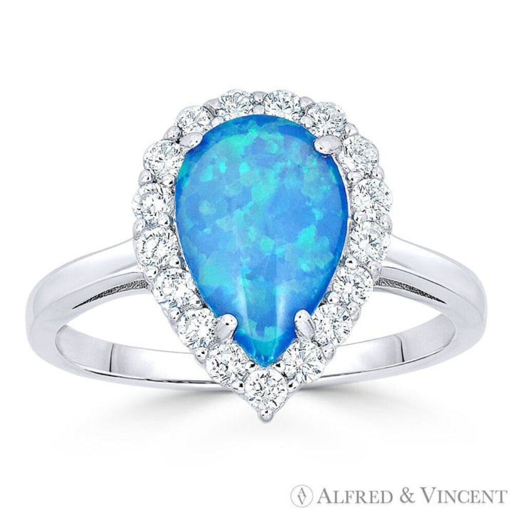 Pear-Shape Opal & Round Cz Crystal Ring In .925 Sterling Silver W/ Rhodium Sz. 9